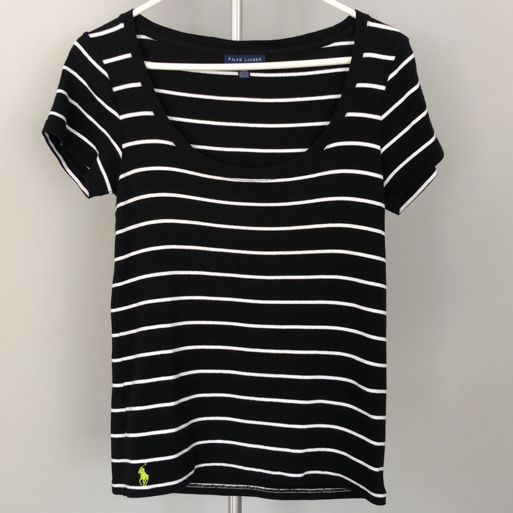 Ralph Lauren Black and White Striped Scoop Neck  T Shirt Sz L